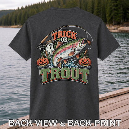 Trick or Trout Rainbow Trout Ghost and Pumpkins Halloween Fishing T-Shirt | Back Print