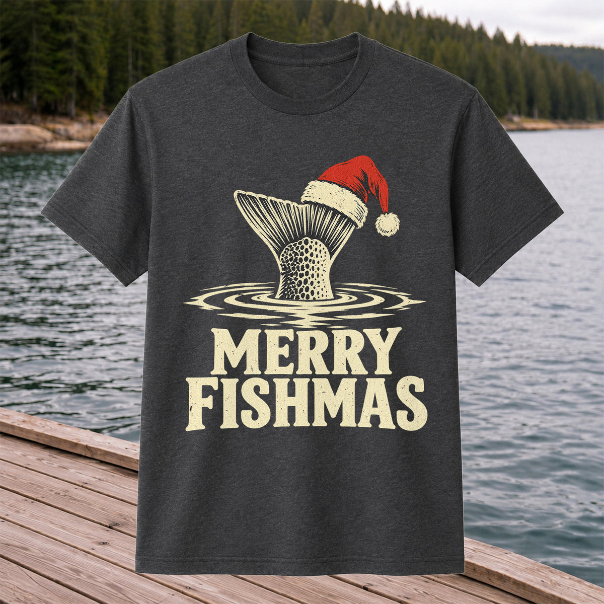 Merry Fishmas Santa Hat Trout Fishing Graphic T-Shirt