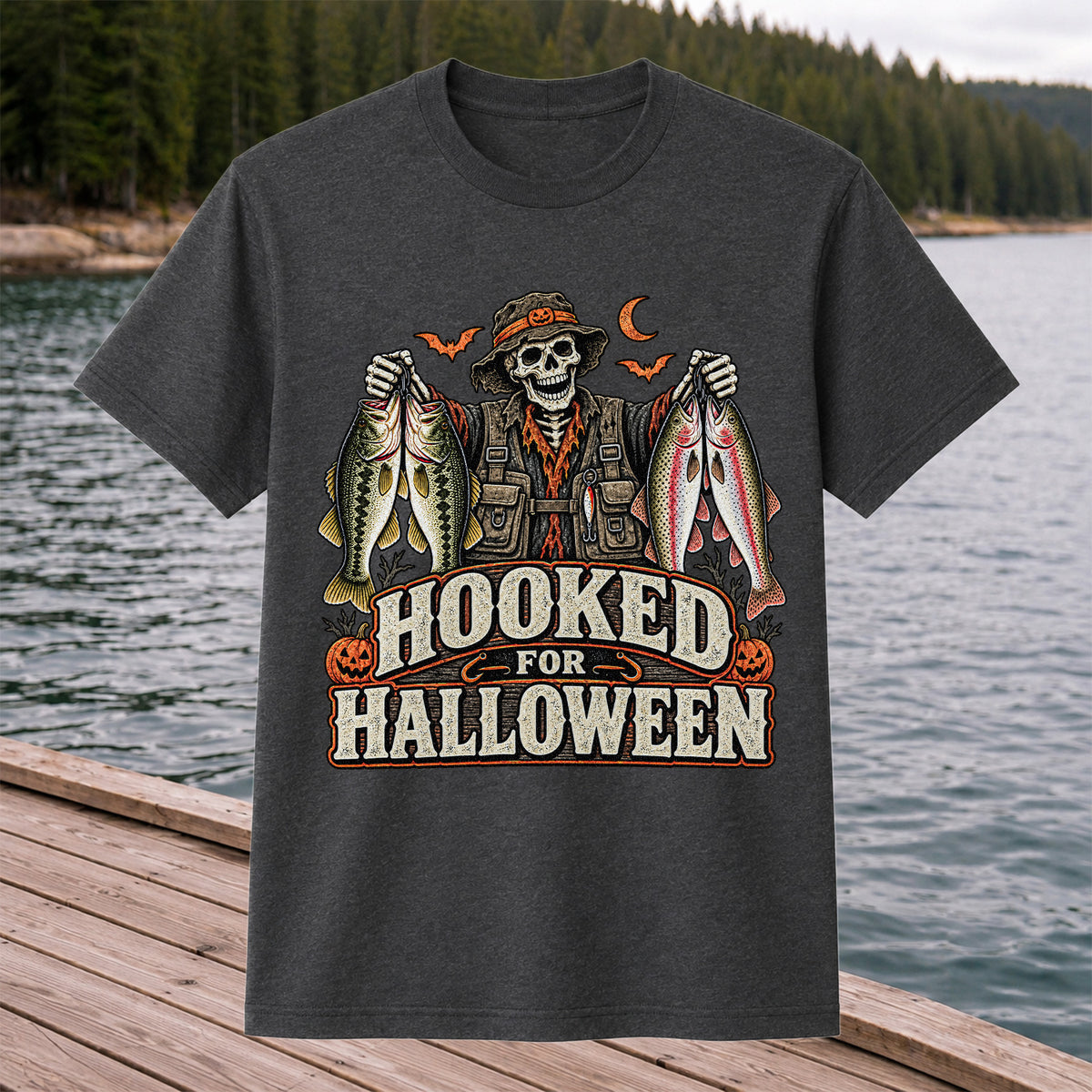 Hooked for Halloween Skeleton Angler with Bass and Trout Fishing T-Shirt