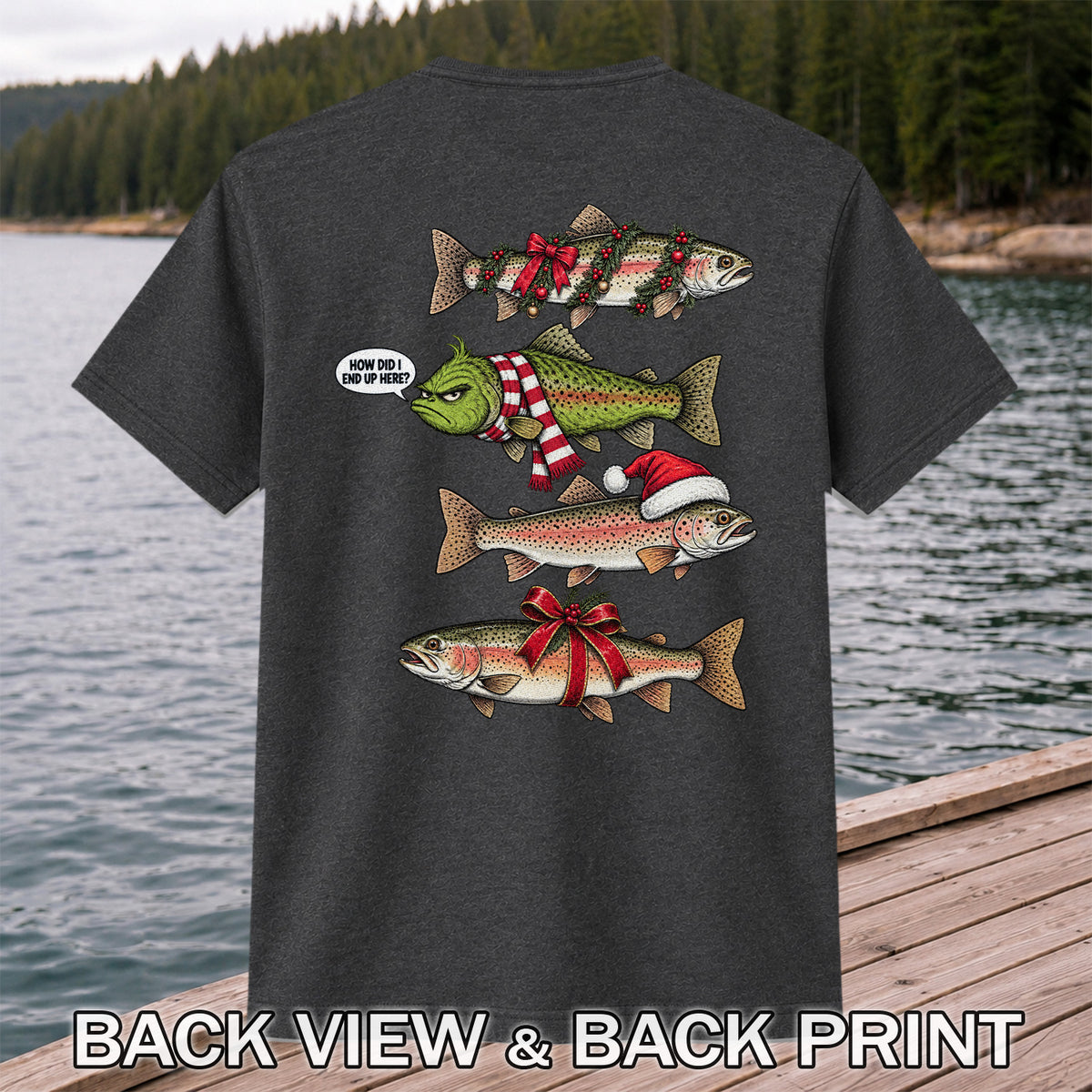 Christmas Trout Fishing Holiday Graphic T-Shirt | Back Print