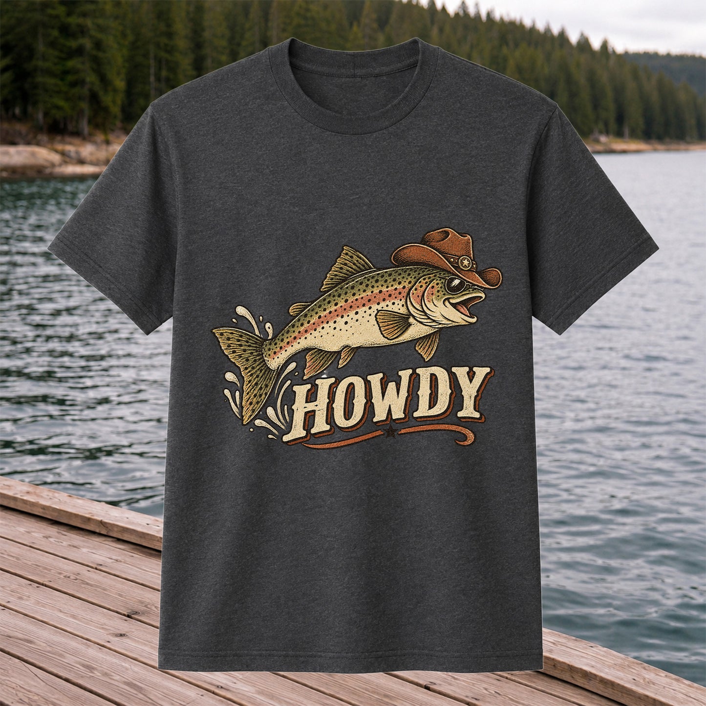 Howdy Cowboy Trout Vintage Fishing Graphic T-Shirt