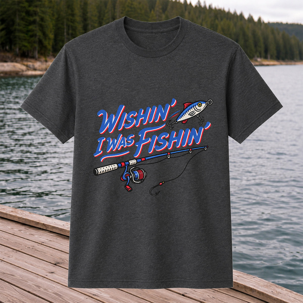 Wishin' I Was Fishin' Fishing Rod and Lure Graphic T-Shirt