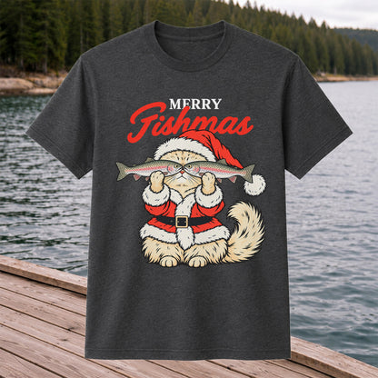 Santa Cat Holding Trout Merry Christmas Fishing T-Shirt