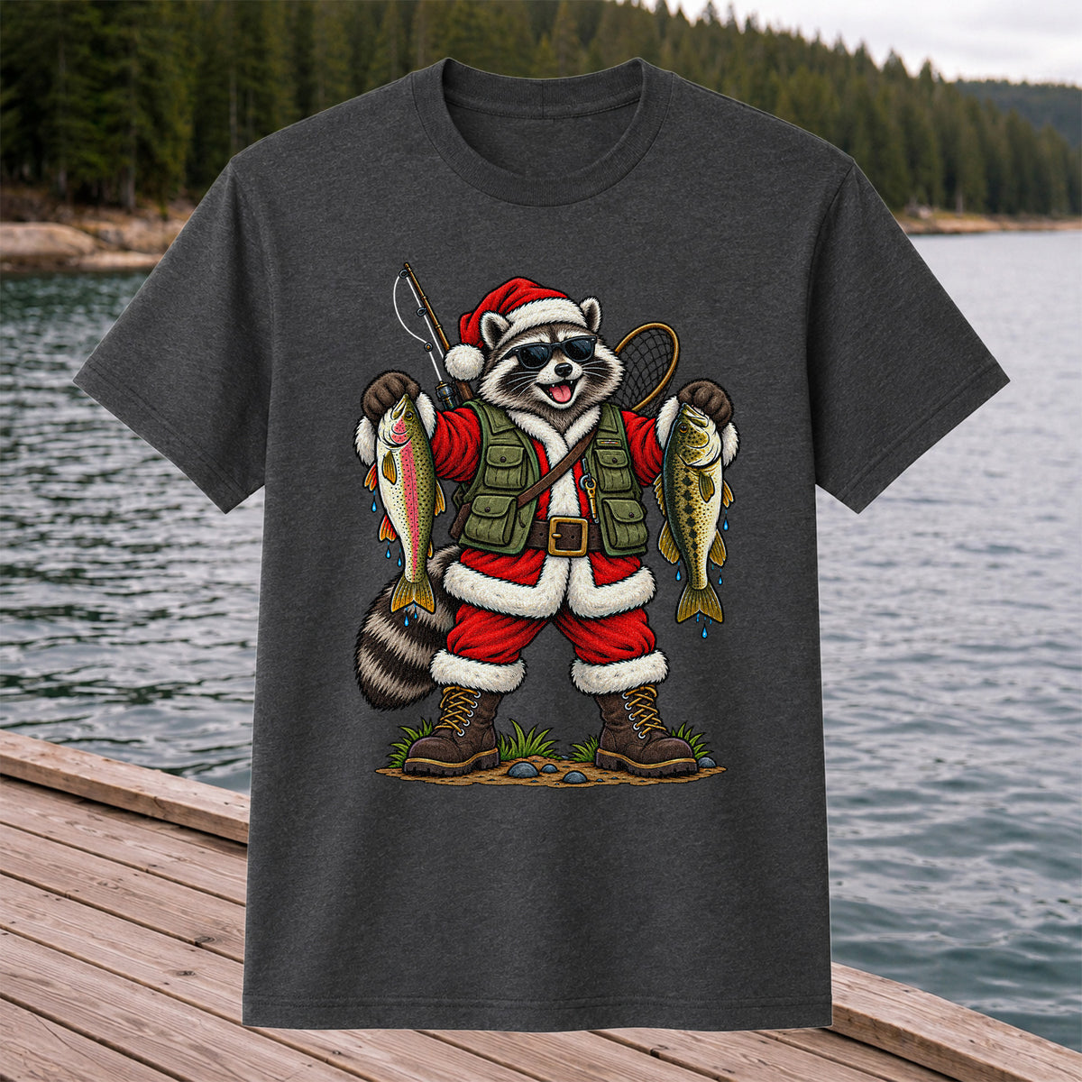 Santa Raccoon Holding Trout and Bass Christmas Fishing T-Shirt