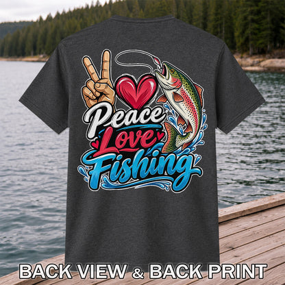 Peace Love Fishing Rainbow Trout and Heart Graphic T-Shirt | Back Print