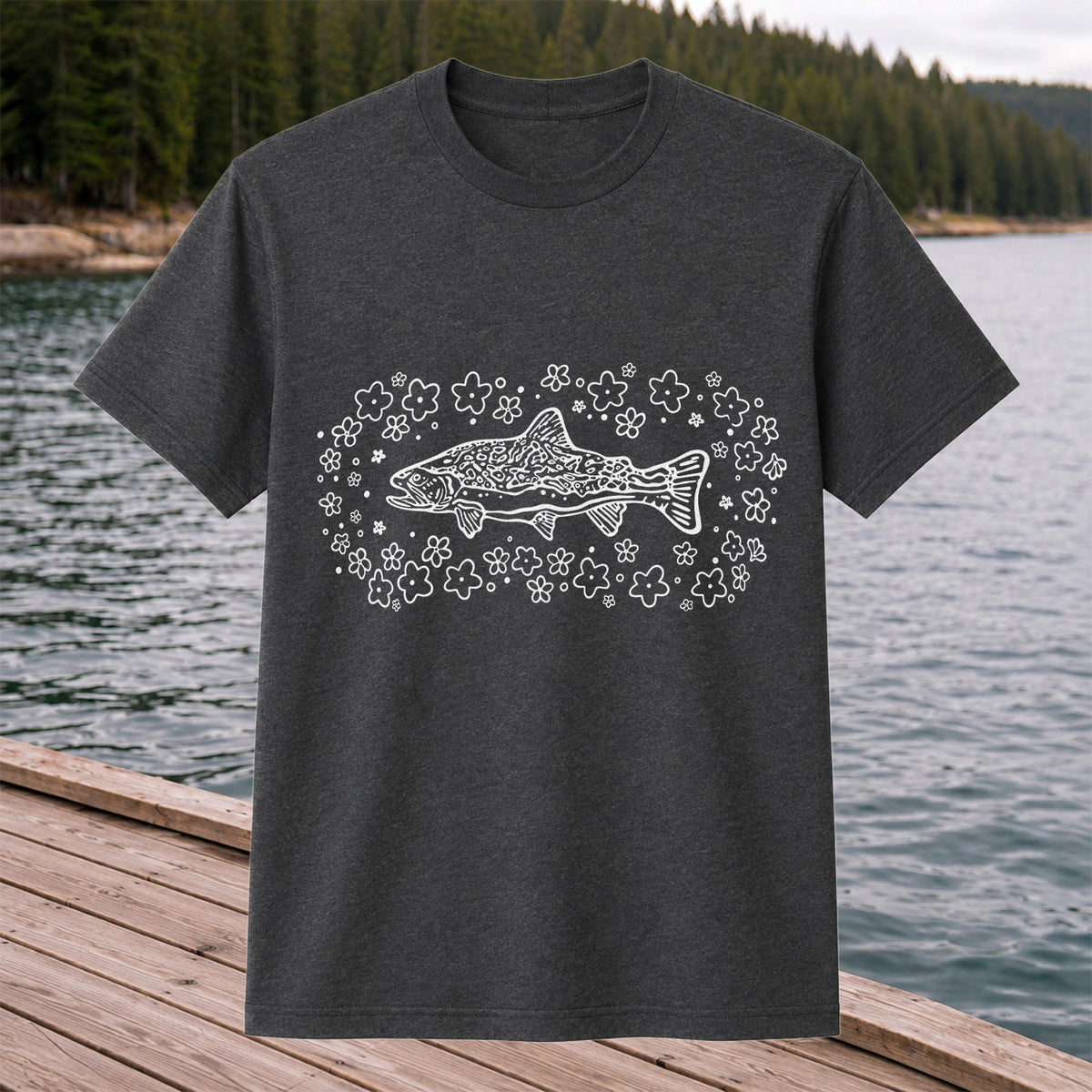 Brown Trout Surrounded by Wildflowers Fishing Graphic T-Shirt
