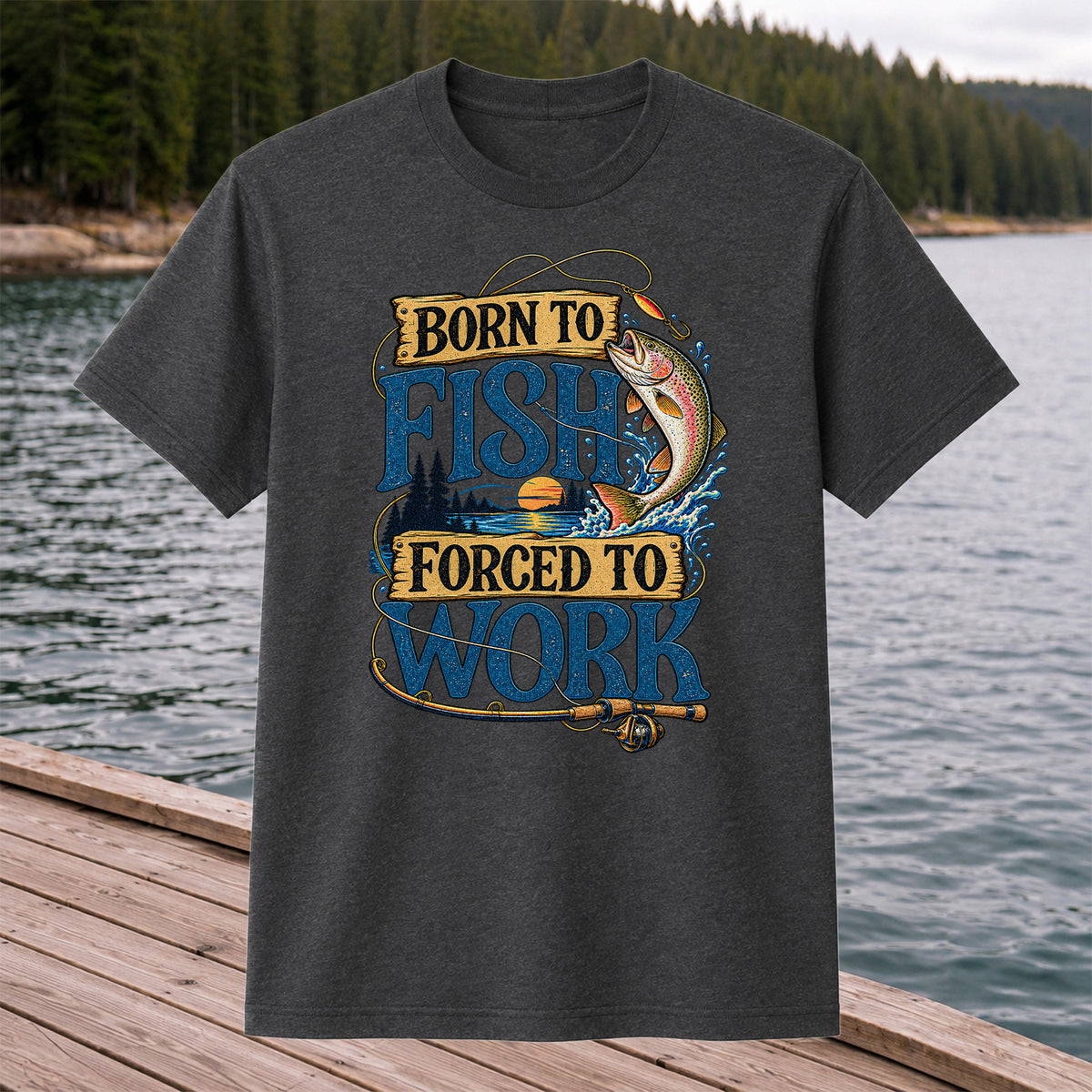 Rainbow Trout Lake Sunset Fishing Graphic T-Shirt