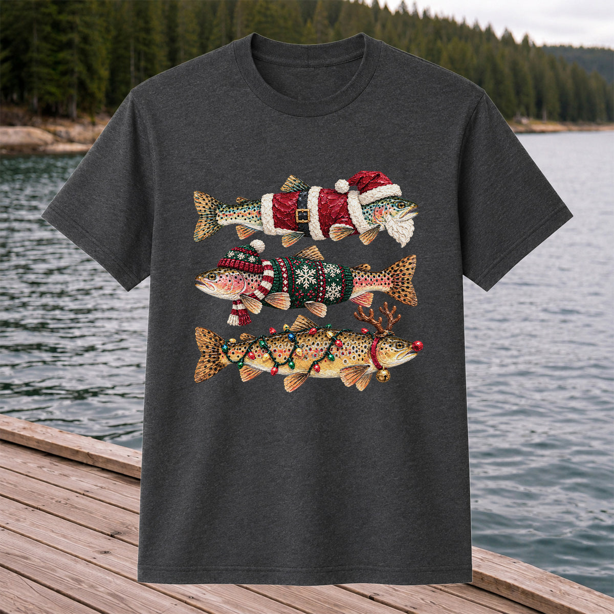 Christmas Trout Fishing Graphic T-Shirt with Festive Fish Artwork