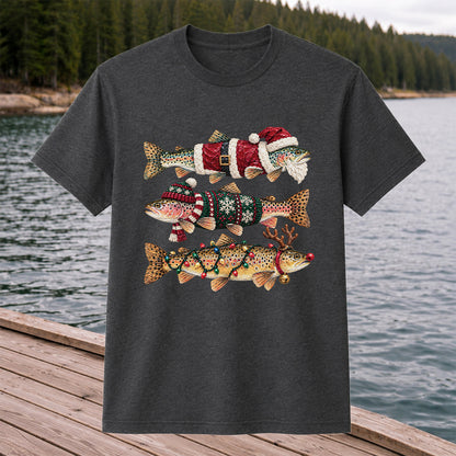 Christmas Trout Fishing Graphic T-Shirt with Festive Fish Artwork
