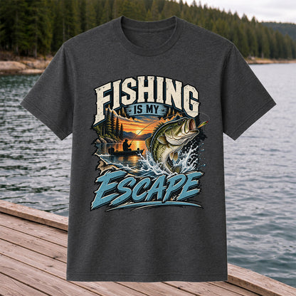 Fishing Is My Escape Jumping Bass and Sunset Lake Graphic T-Shirt