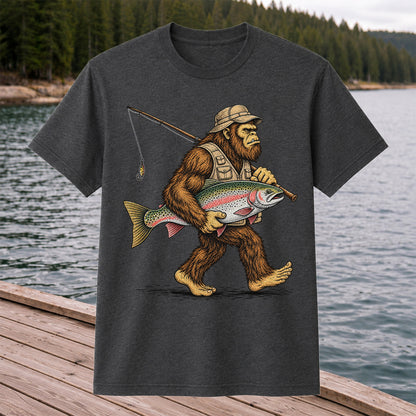 Bigfoot Holding Rainbow Trout Vintage Fishing Graphic T-Shirt