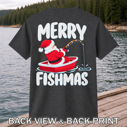 Santa Claus Boat Fishing Christmas Graphic T-Shirt | Back Print