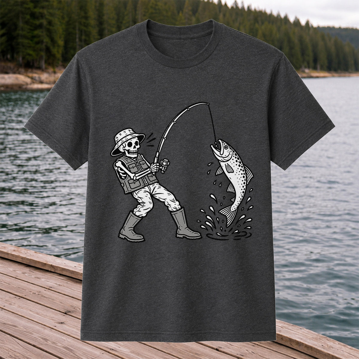 Skeleton Angler Catching a Trout Fishing Graphic T-Shirt