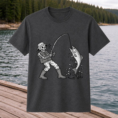 Skeleton Angler Catching a Trout Fishing Graphic T-Shirt