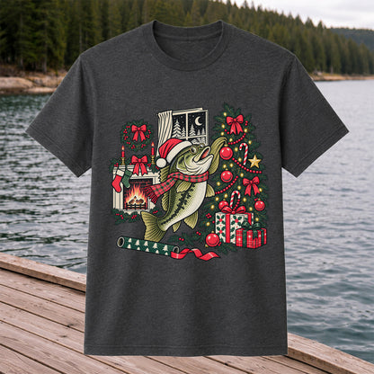 Christmas Bass Fishing Fireplace Tree Graphic T-Shirt
