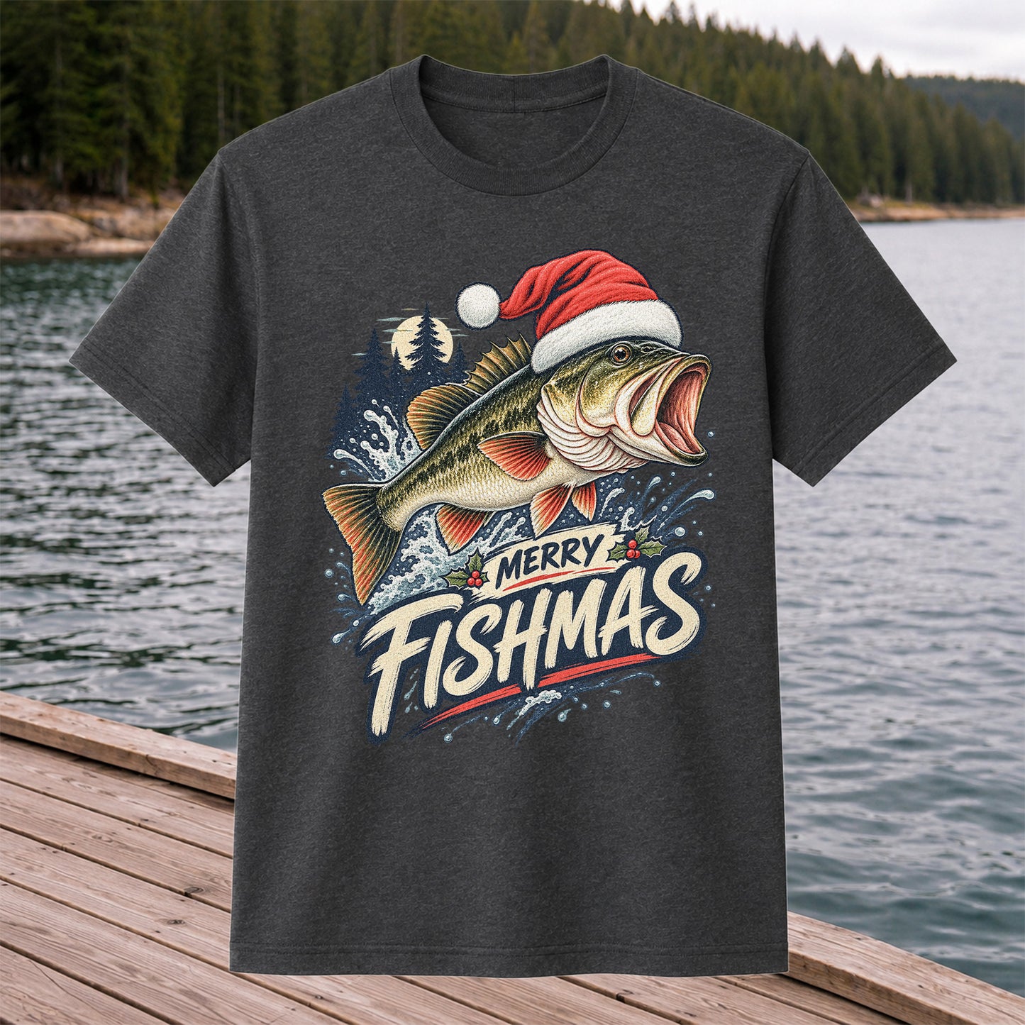 Merry Fishmas Santa Hat Largemouth Bass Fishing T-Shirt