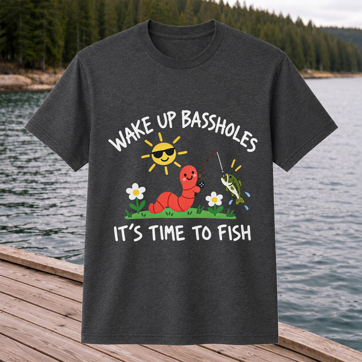 Wake Up Bassholes Funny Worm and Bass Fishing Graphic T-Shirt