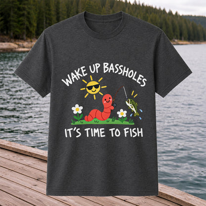 Wake Up Bassholes Funny Worm and Bass Fishing Graphic T-Shirt