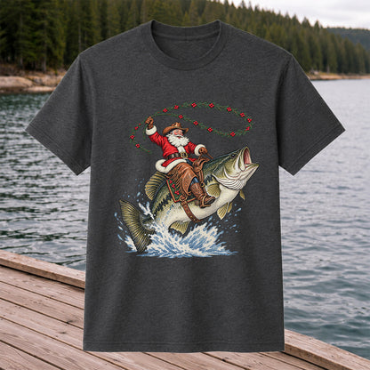 Cowboy Santa Riding a Jumping Bass Christmas Fishing Graphic T-Shirt