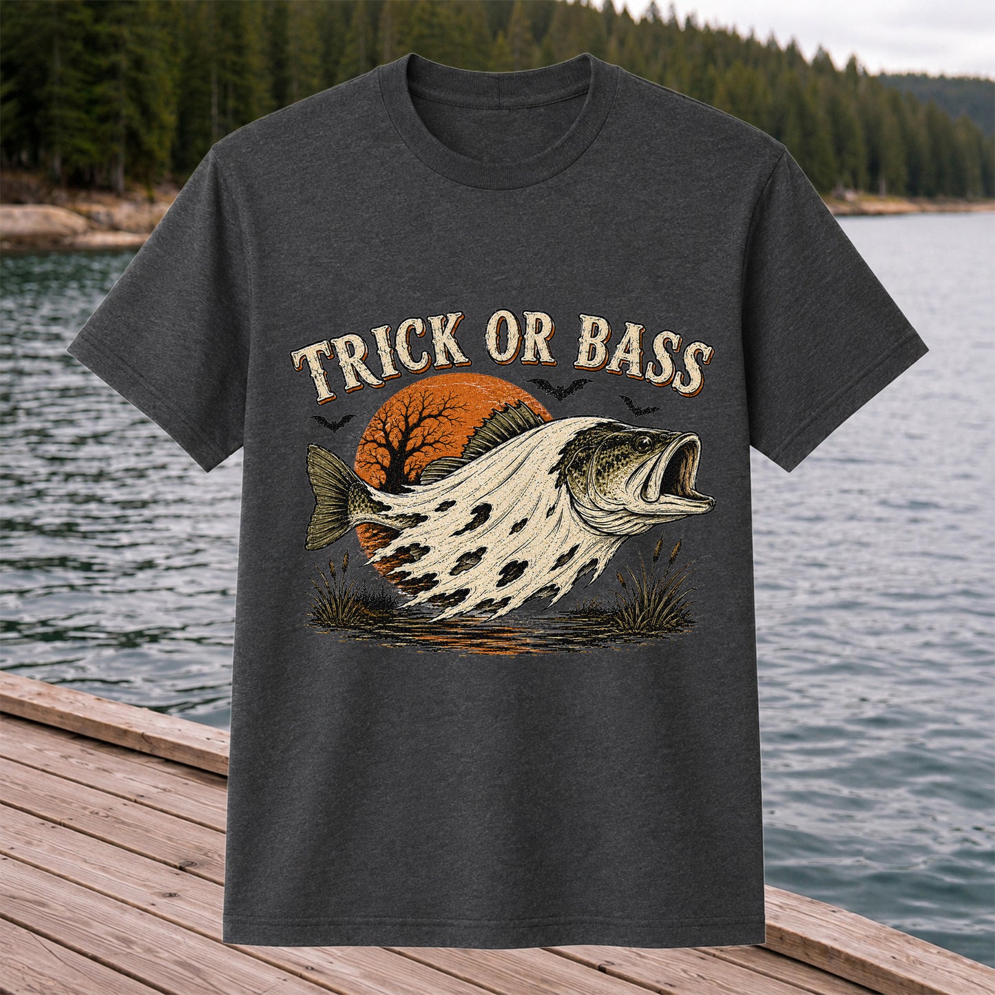 Trick or Bass Boo Halloween Fishing T-Shirt, Vintage Trout Angler Tee