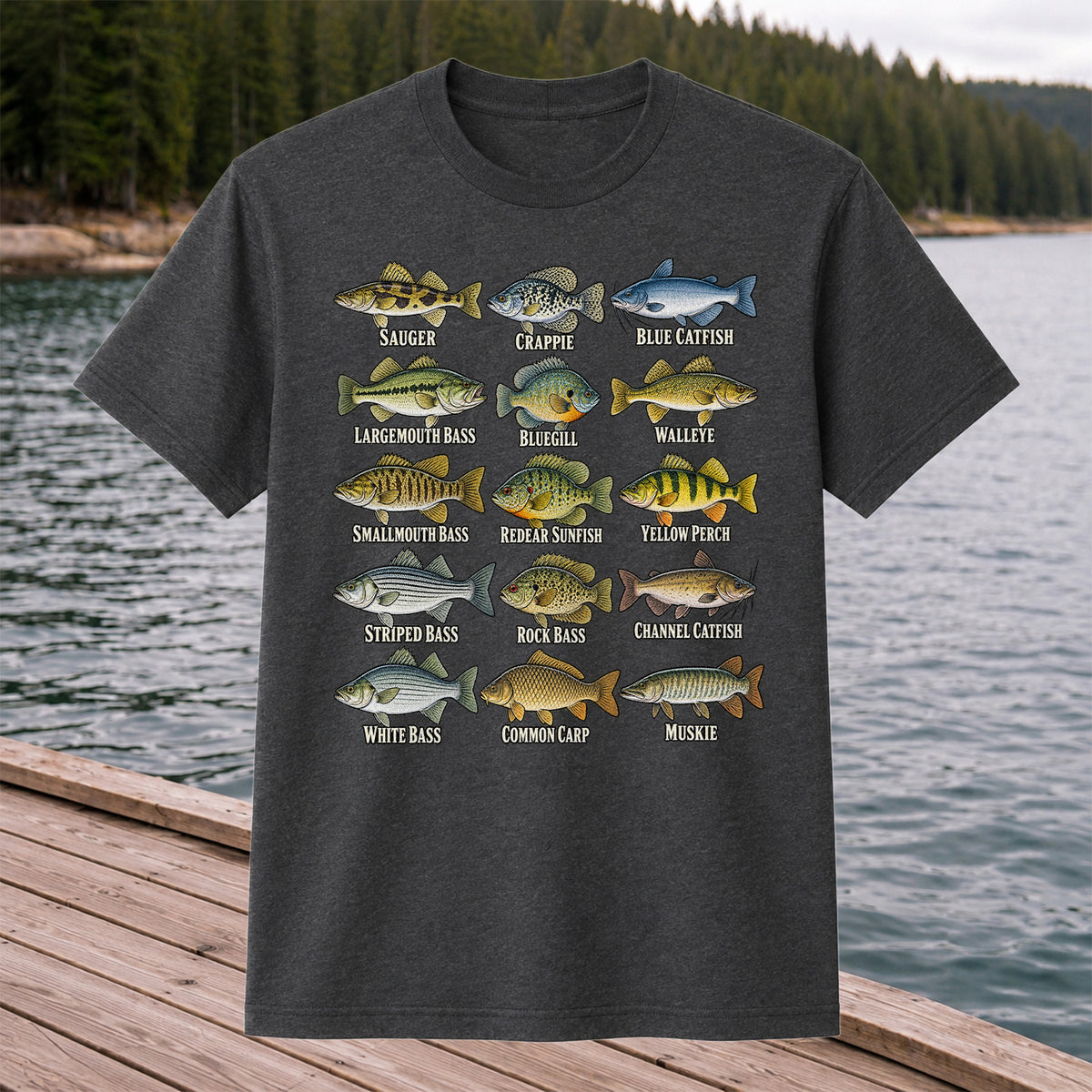 Bass Crappie and Catfish Freshwater Fish Chart Graphic T-Shirt