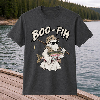 Boo-Fish Ghost Holding Rainbow Trout Fishing Graphic T-Shirt