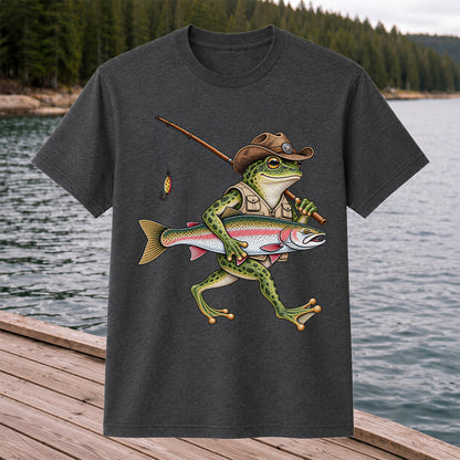 Cowboy Frog Holding Rainbow Trout Fishing Graphic T-Shirt