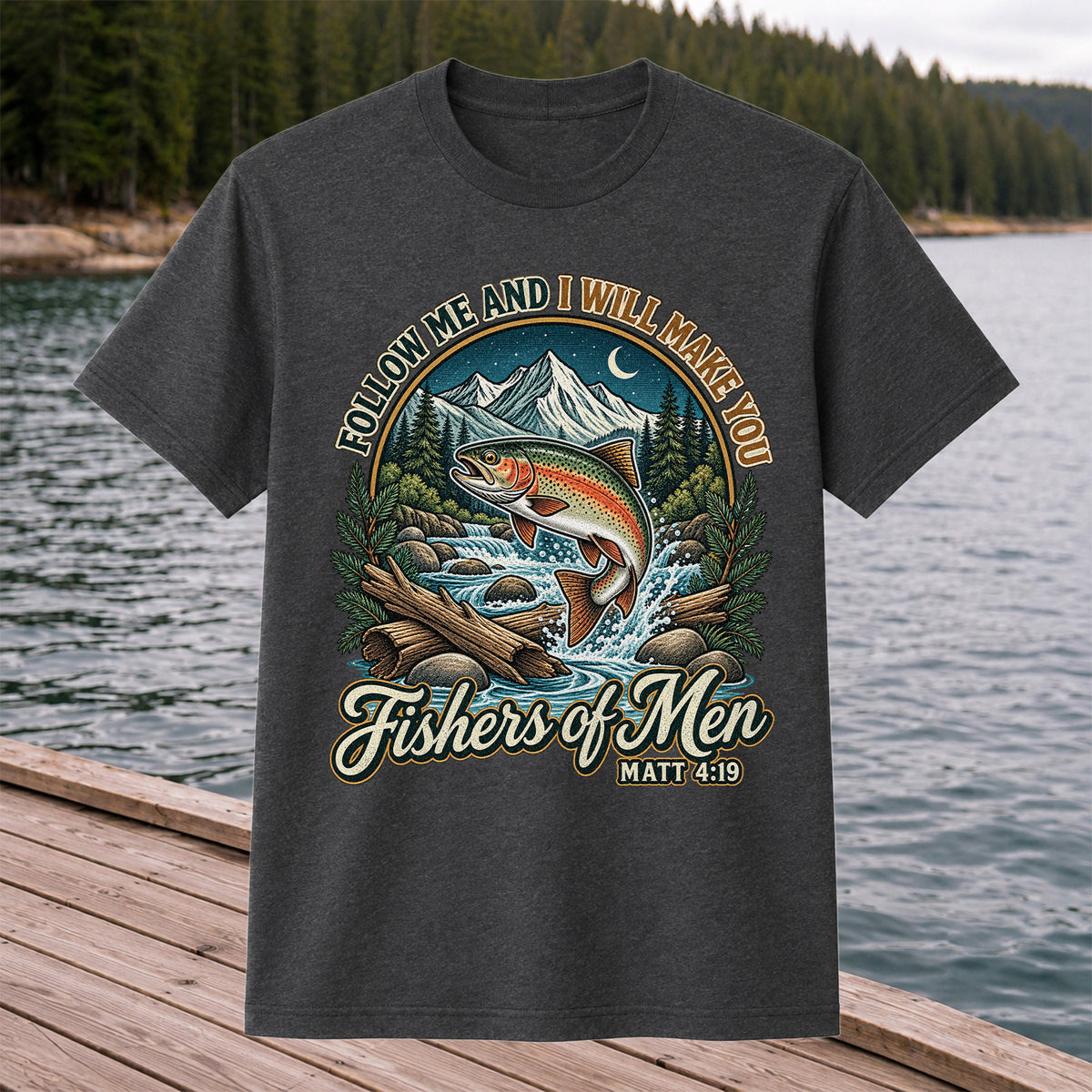 Follow Me and I Will Make You Fishers of Men Matt 4:19 Rainbow Trout Mountain River Fishing T-Shirt