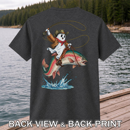 Ghost Cowboy Riding a Rainbow Trout Halloween Fishing T-Shirt | Back Print