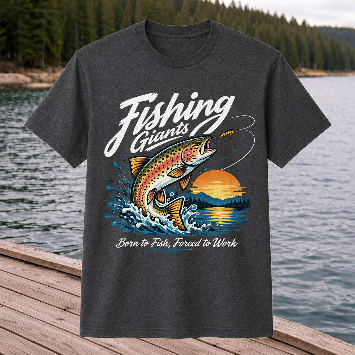 Fishing Giants Born to Fish Forced to Work Rainbow Trout T-Shirt