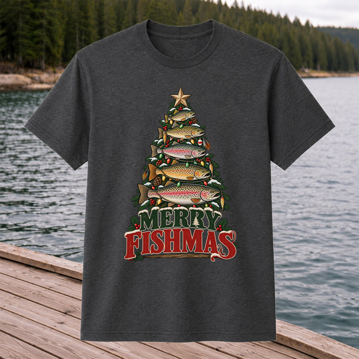 Merry Fishmas Trout Christmas Tree Fishing T-Shirt