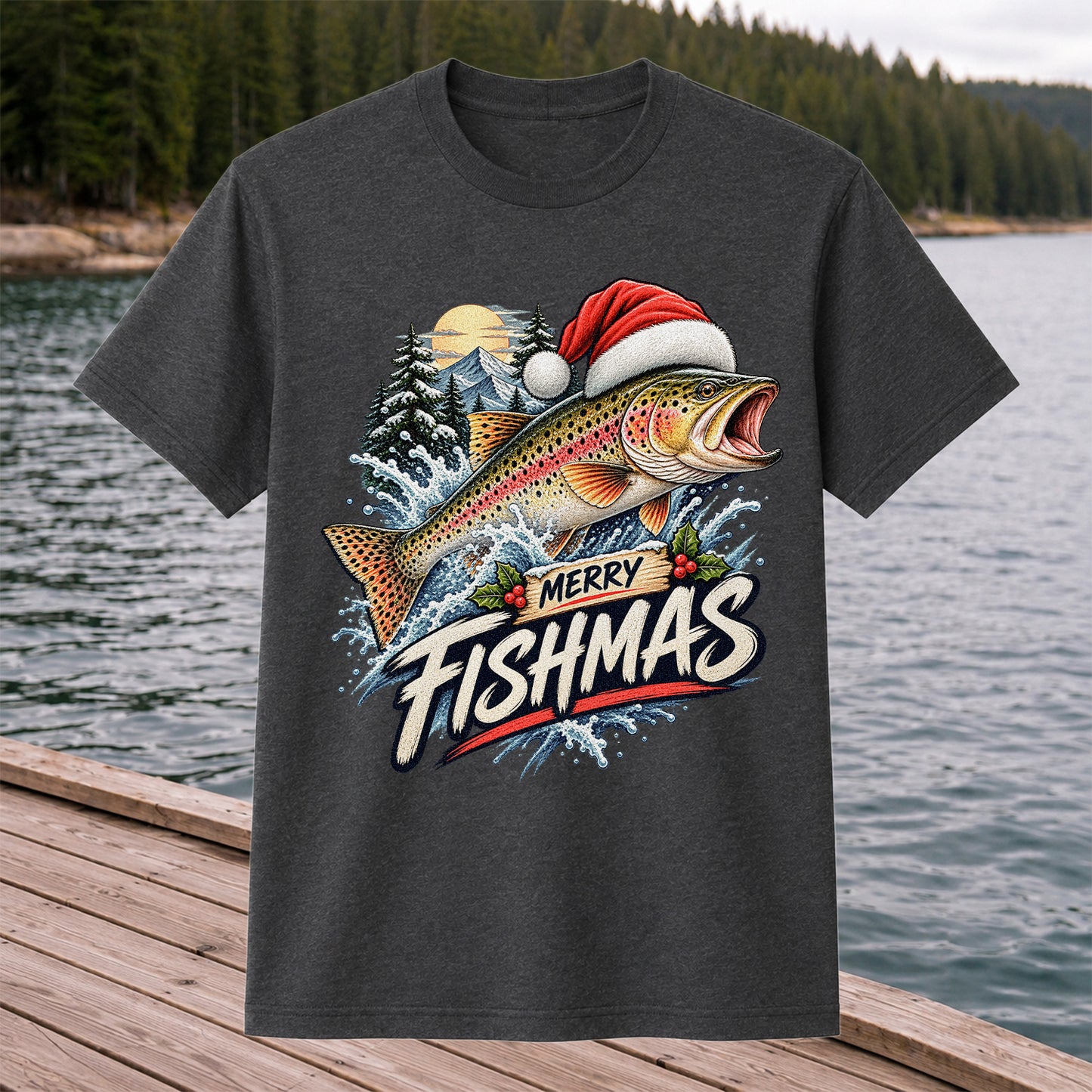 Merry Fishmas Santa Hat Rainbow Trout Fishing Graphic T-Shirt