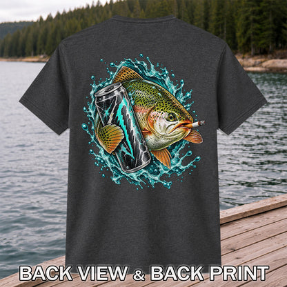 Rainbow Trout with Cigarette and Energy Drink Fishing T-Shirt | Back Print