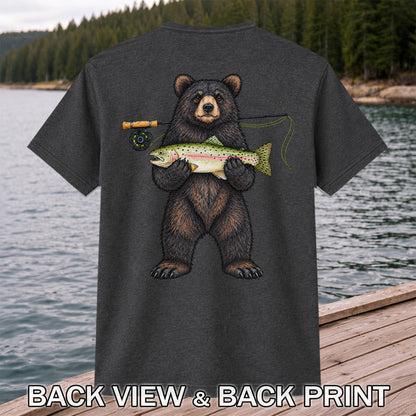 Black Bear Holding Rainbow Trout Fly Fishing Graphic T-Shirt | Back Print
