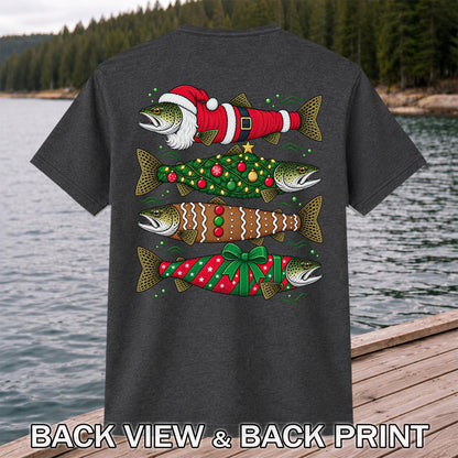 Christmas Trout Santa Tree and Gift Wrap Fishing T-Shirt | Back Print