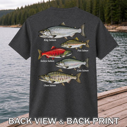 King Pink Sockeye Coho and Chum Salmon Fishing Graphic T-Shirt | Back Print