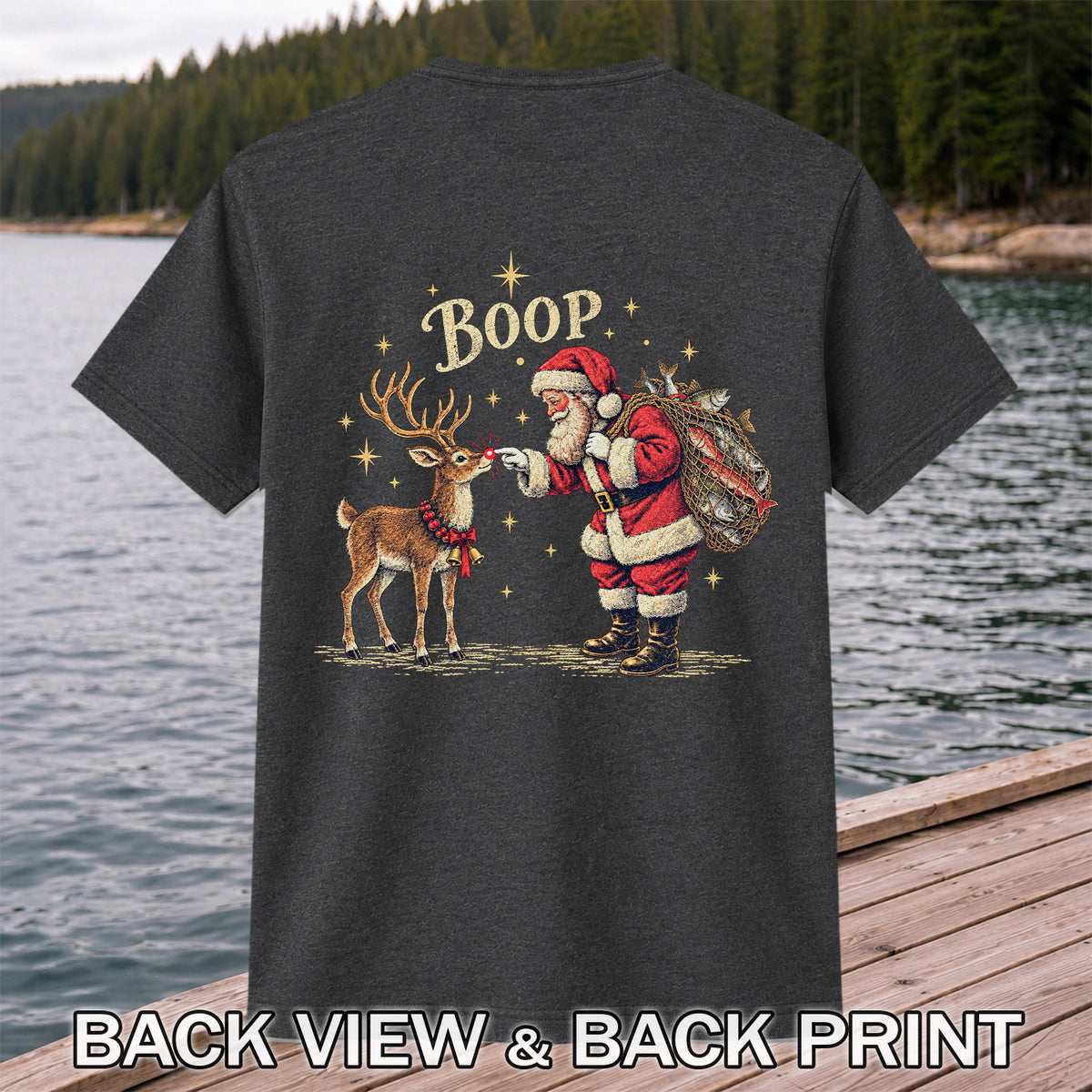 Santa and Reindeer Fishing Christmas Graphic T-Shirt | Back Print