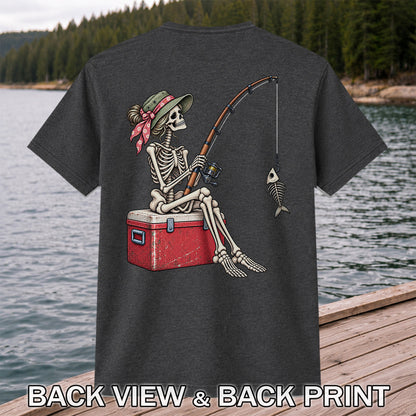 Skeleton Woman Fishing on a Cooler with Fish Bones Graphic T-Shirt | Back Print