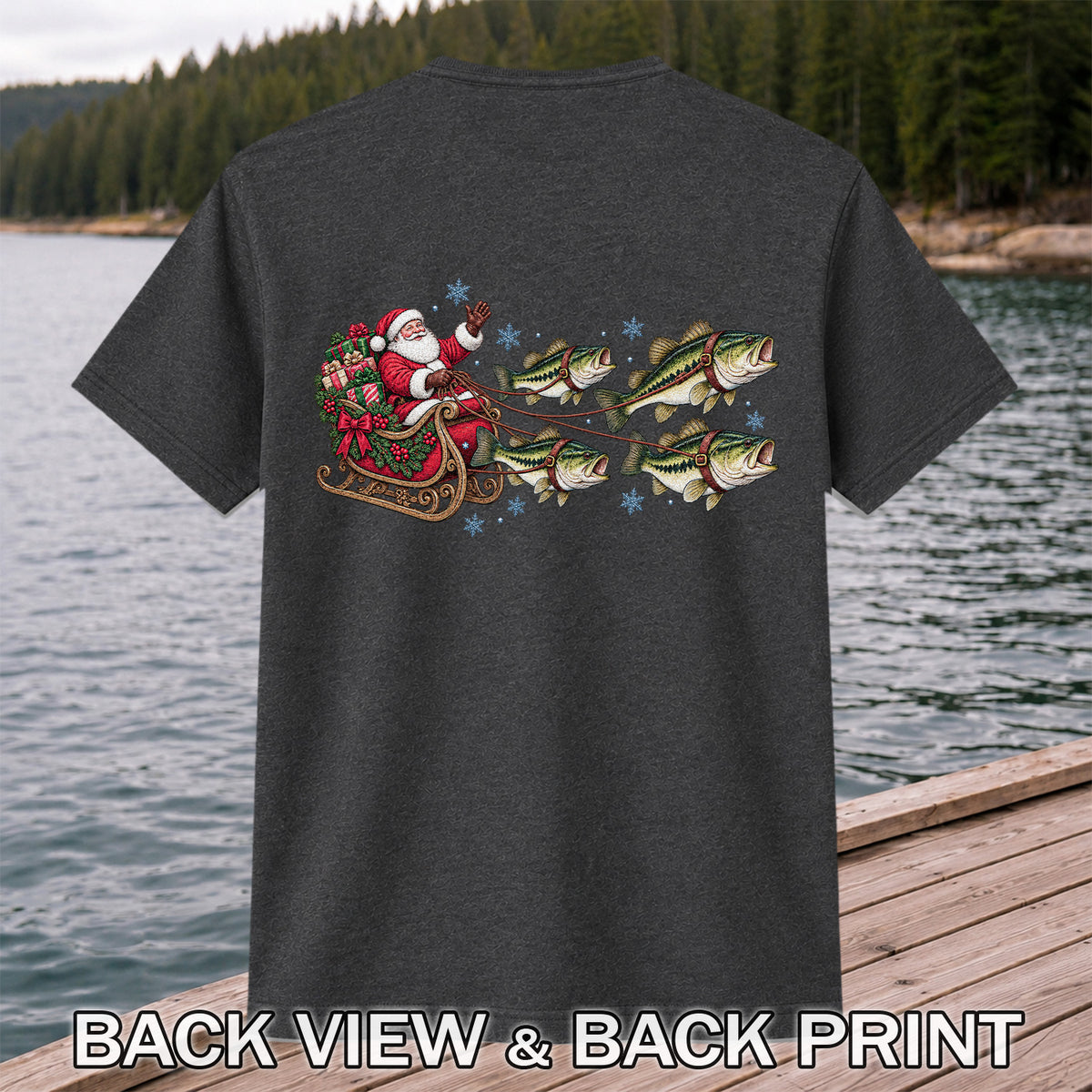 Santa in a Sleigh Pulled by Bass Christmas Fishing Graphic T-Shirt | Back Print