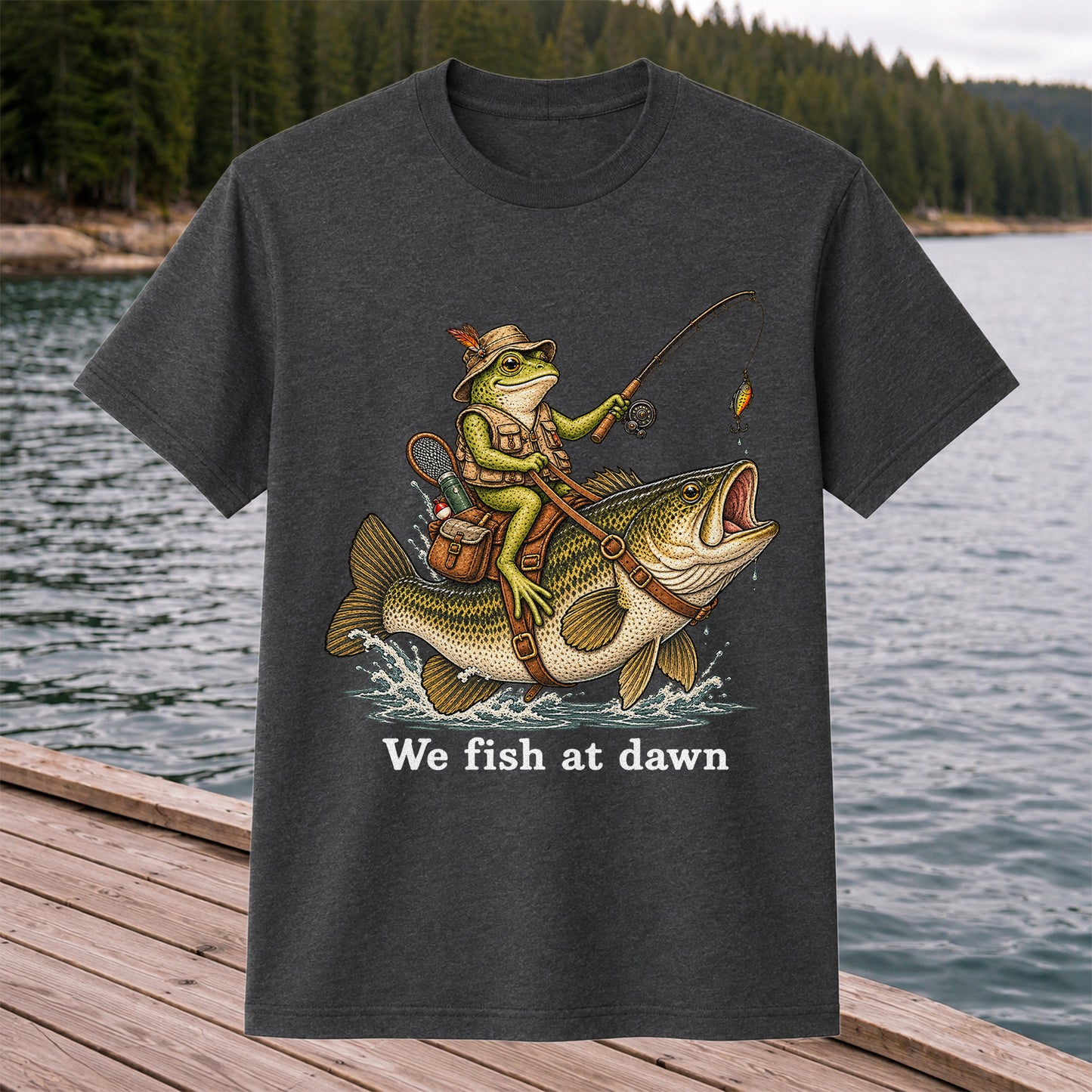 We Fish at Dawn Frog Riding Largemouth Bass Funny Fishing T-Shirt
