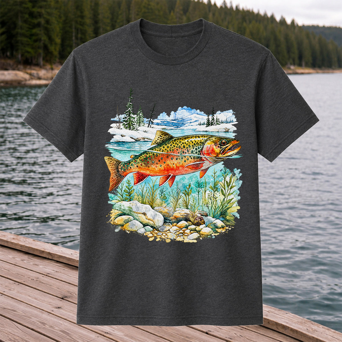 Brown Trout in Mountain River Watercolor Fishing Graphic T-Shirt