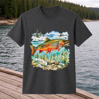 Brown Trout in Mountain River Watercolor Fishing Graphic T-Shirt