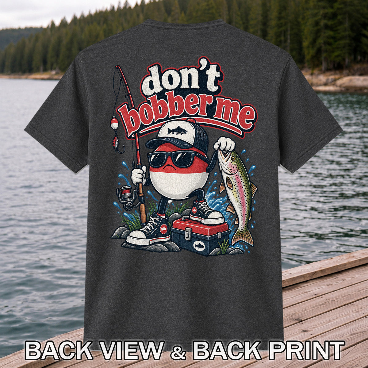 Don't Bobber Me Funny Fishing Bobber Holding Rainbow Trout T-Shirt | Back Print