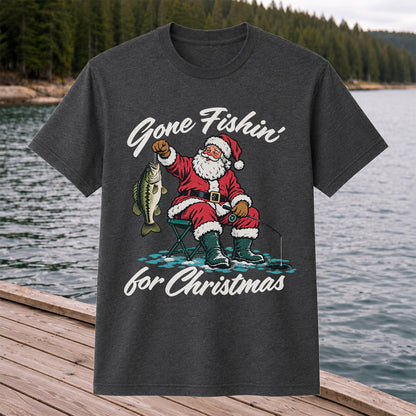 Santa Fishing with Bass Christmas Graphic T-Shirt