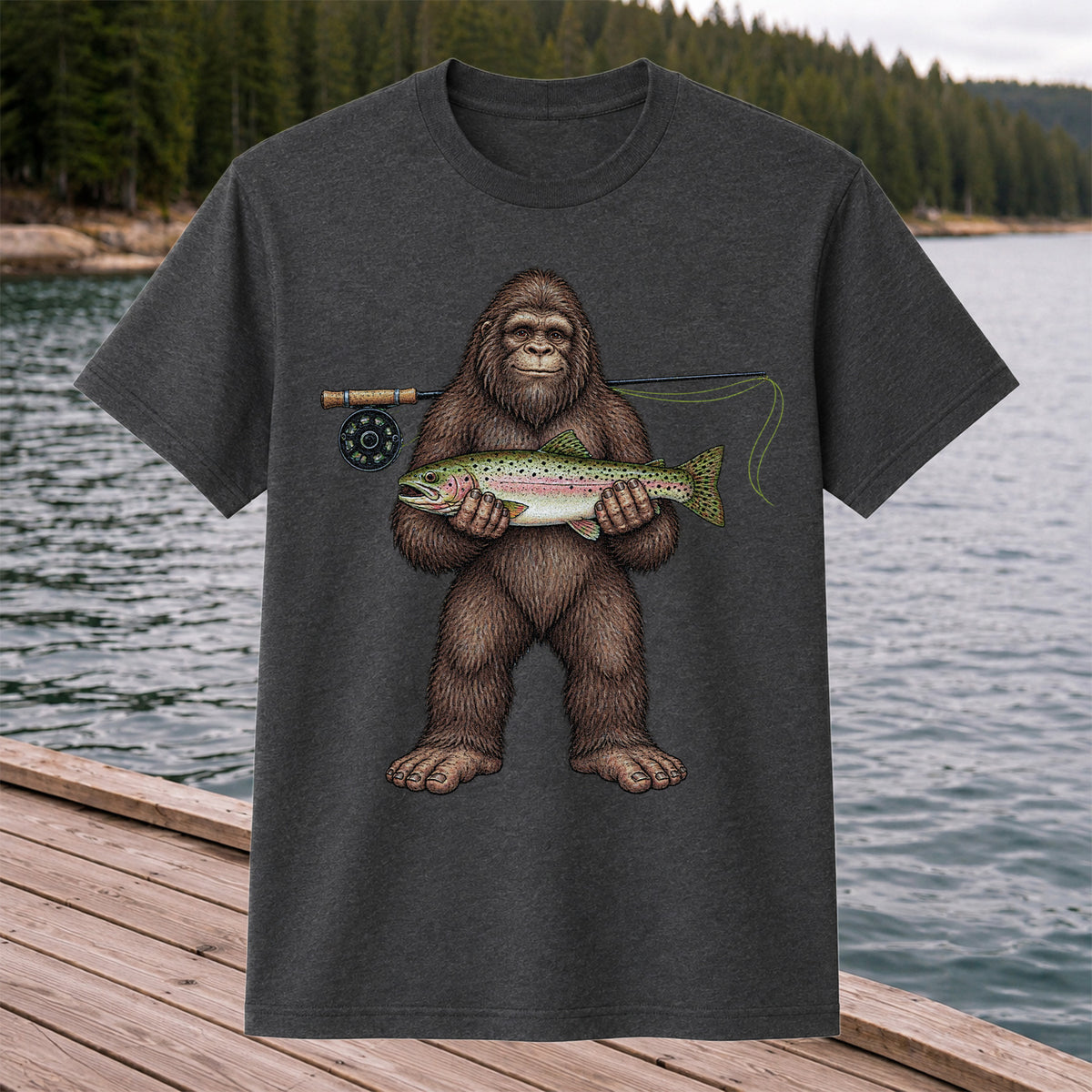 Bigfoot Holding Rainbow Trout Fly Fishing Graphic T-Shirt