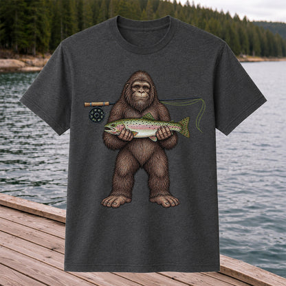 Bigfoot Holding Rainbow Trout Fly Fishing Graphic T-Shirt