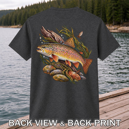 Vintage Brown Trout River Fishing Graphic T-Shirt | Back Print