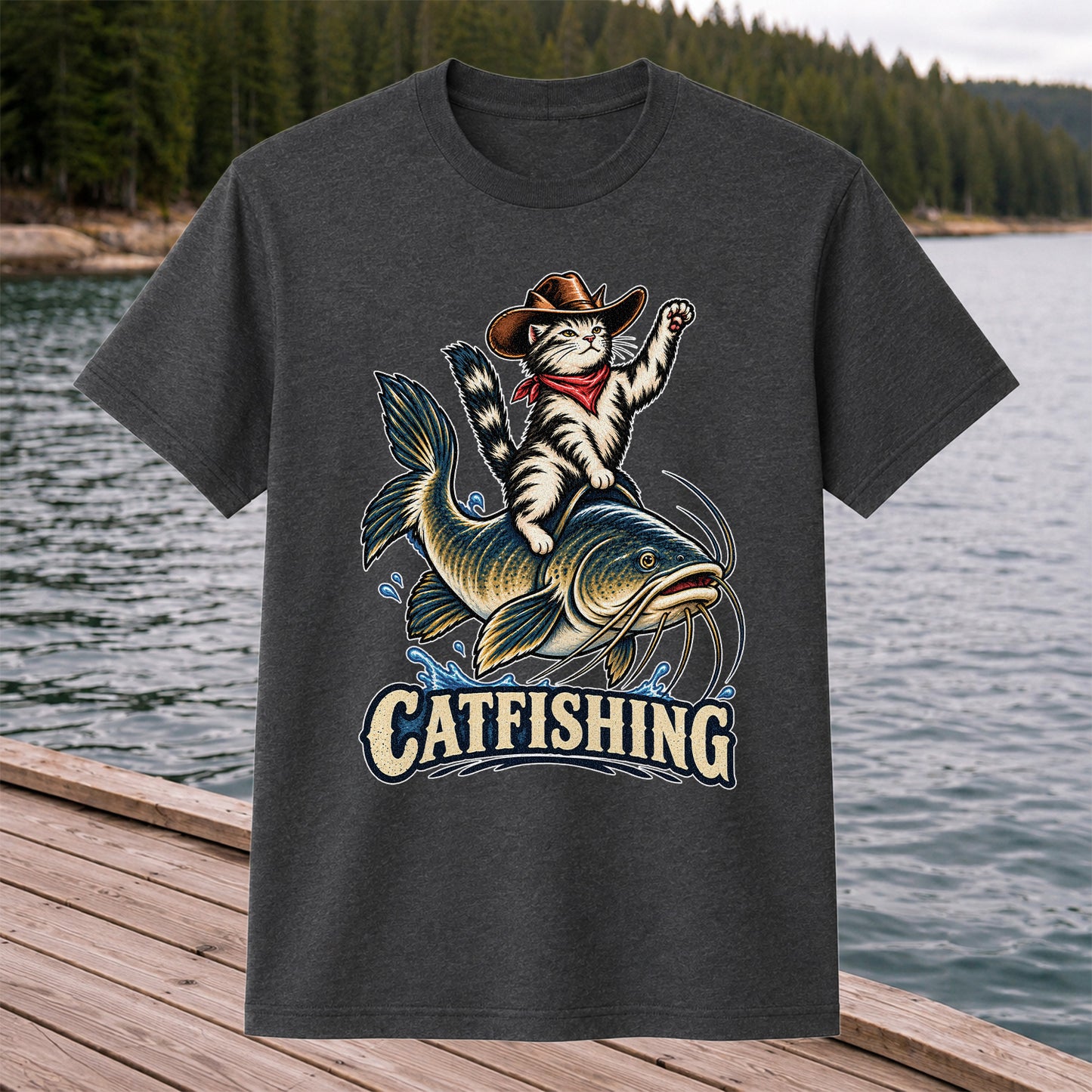 Catfishing Cowboy Cat Riding a Catfish Graphic T-Shirt