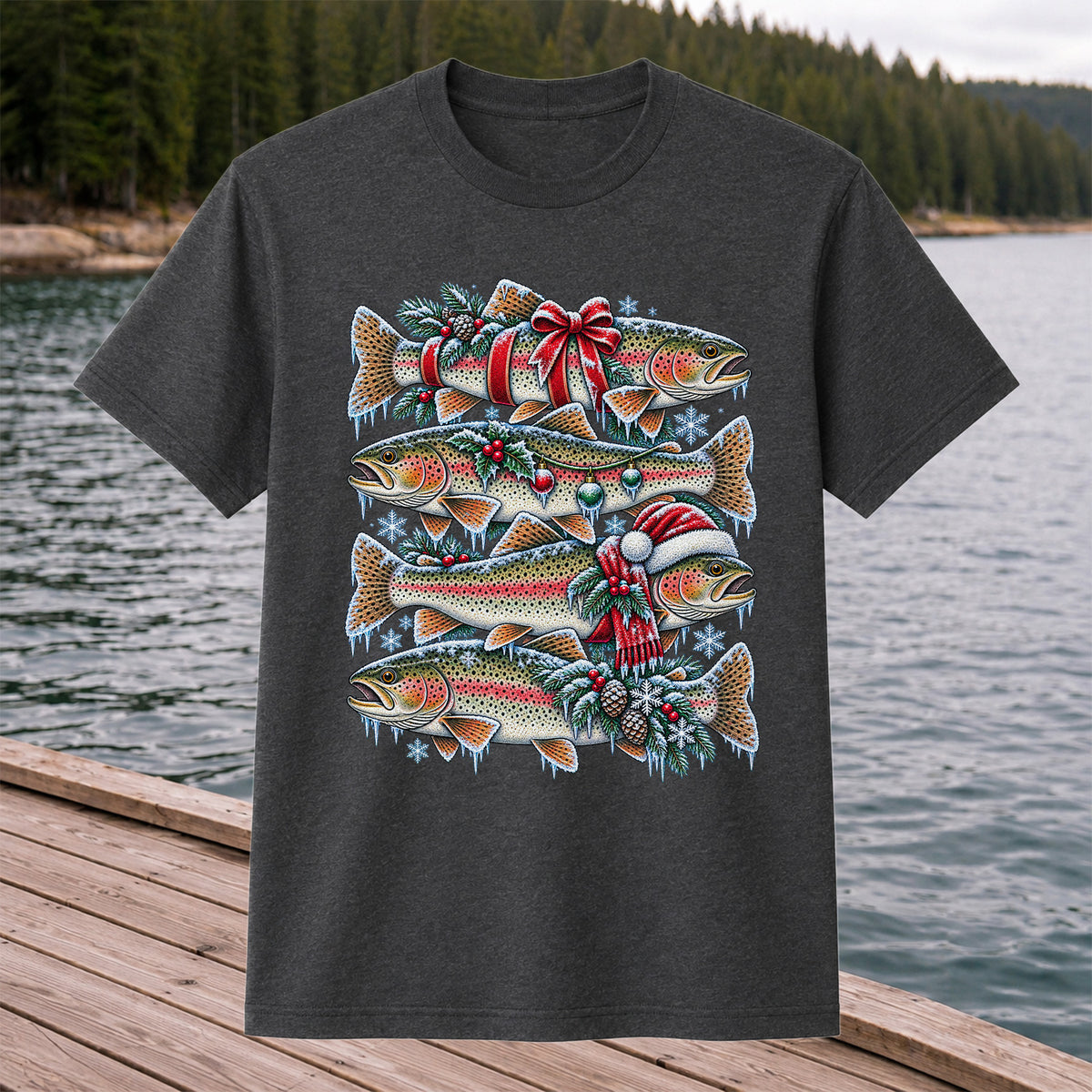 Festive Rainbow Trout Christmas Fishing Graphic T-Shirt