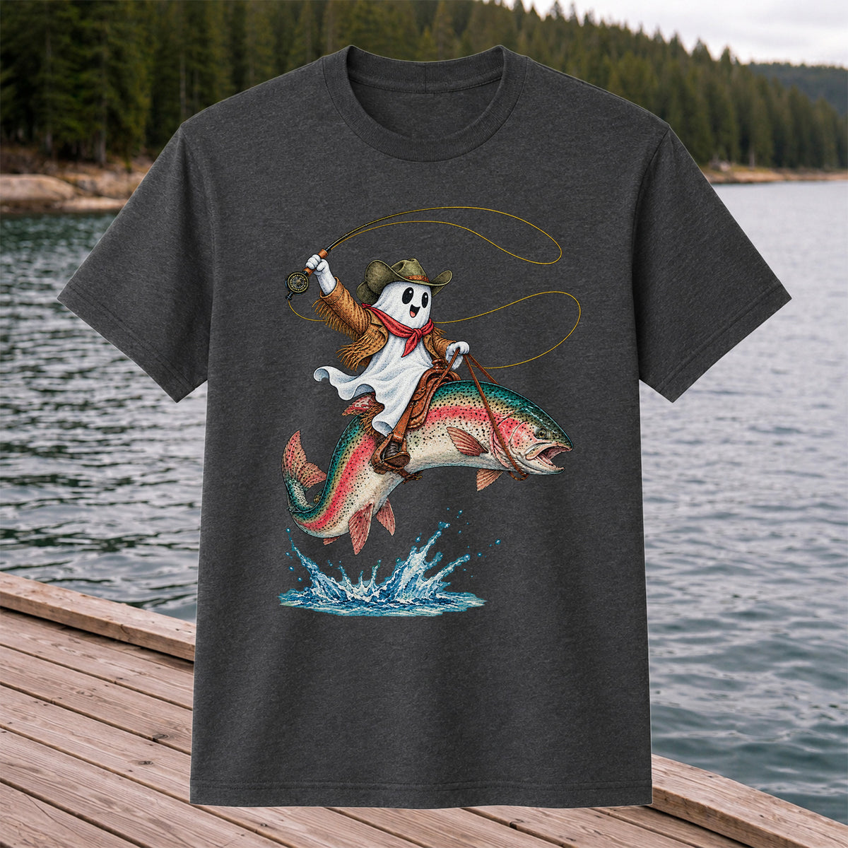 Ghost Cowboy Riding a Rainbow Trout Halloween Fishing T-Shirt